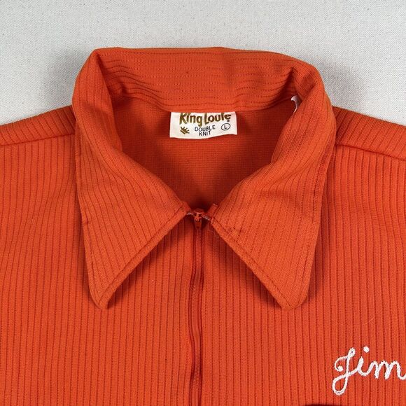 70s King Louie Double Knit Bowling Shirt Men’s Large Orange Short Sleeve 1/4 Zip - Picture 7 of 16